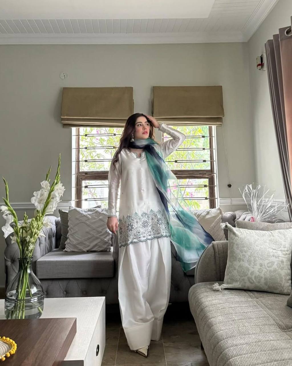DESIGNER WEAR EXCLUSIVE FARSI SALWAR SUIT IN ROMAN SILK FABRIC TOP AND SALWAR WITH DUPATTA