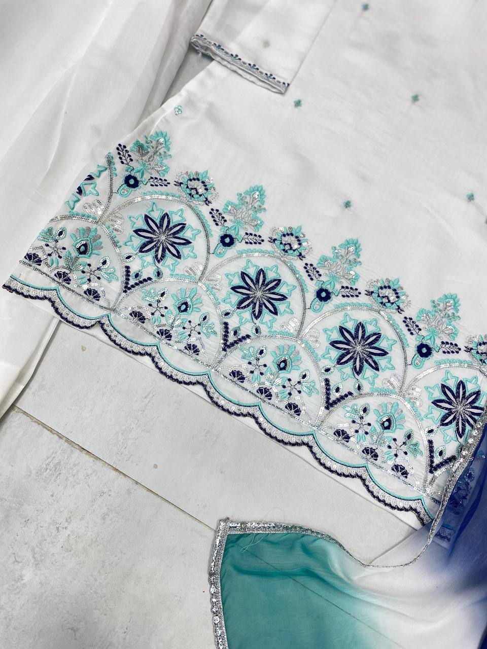 DESIGNER WEAR EXCLUSIVE FARSI SALWAR SUIT IN ROMAN SILK FABRIC TOP AND SALWAR WITH DUPATTA