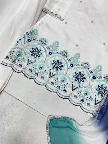 DESIGNER WEAR EXCLUSIVE FARSI SALWAR SUIT IN ROMAN SILK FABRIC TOP AND SALWAR WITH DUPATTA