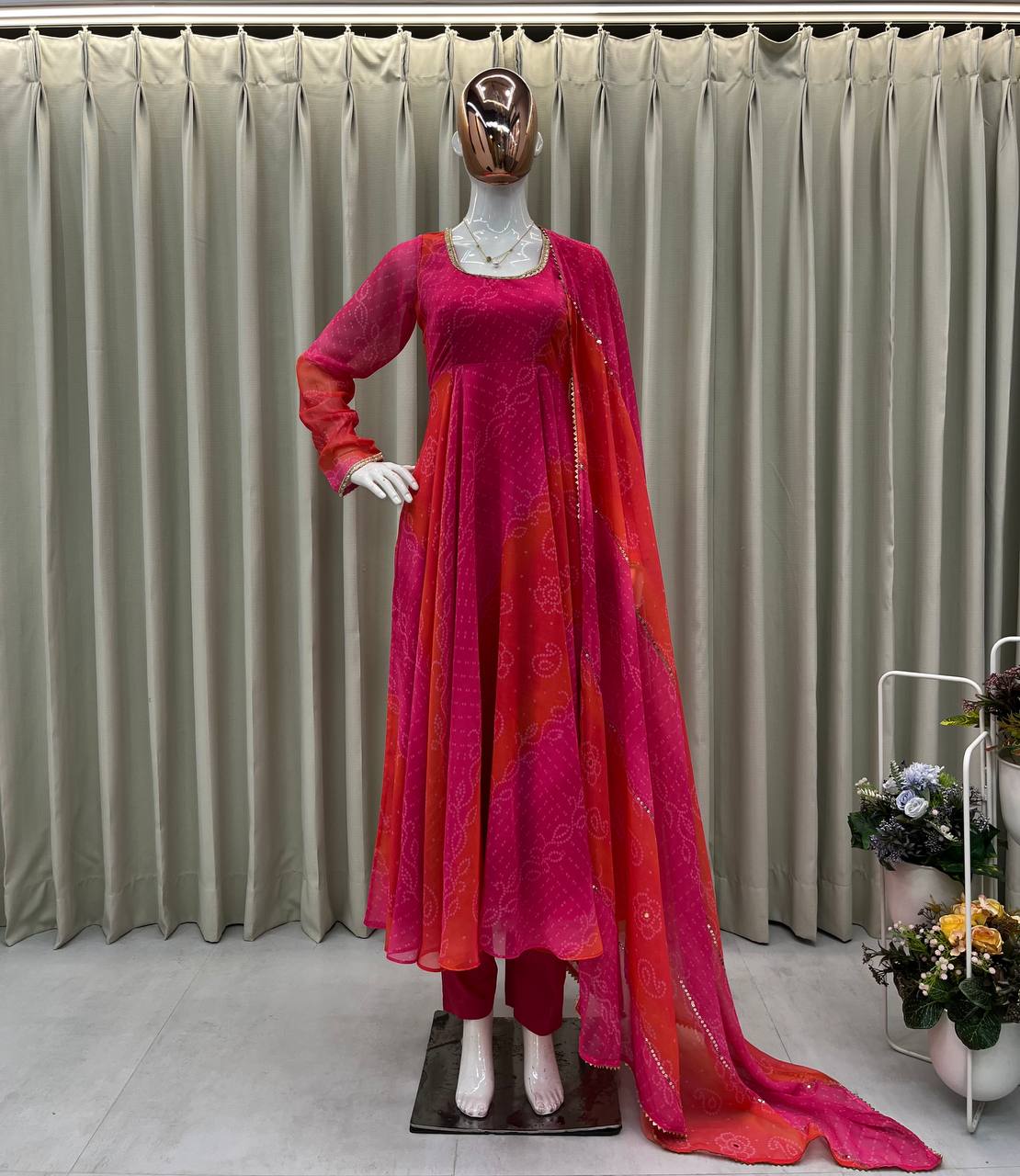 GOWN WITH  FAUX GEORGETTE FABRIC WITH PRINTED WORK WITH STITCHED PANT AND  DUPATTA single available wholesale