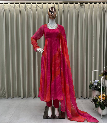 GOWN WITH  FAUX GEORGETTE FABRIC WITH PRINTED WORK WITH STITCHED PANT AND  DUPATTA single available wholesale