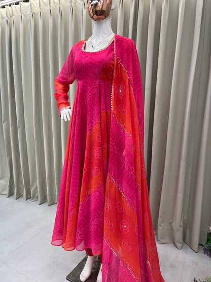 GOWN WITH  FAUX GEORGETTE FABRIC WITH PRINTED WORK WITH STITCHED PANT AND  DUPATTA single available wholesale