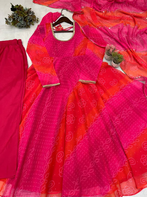 GOWN WITH  FAUX GEORGETTE FABRIC WITH PRINTED WORK WITH STITCHED PANT AND  DUPATTA single available wholesale