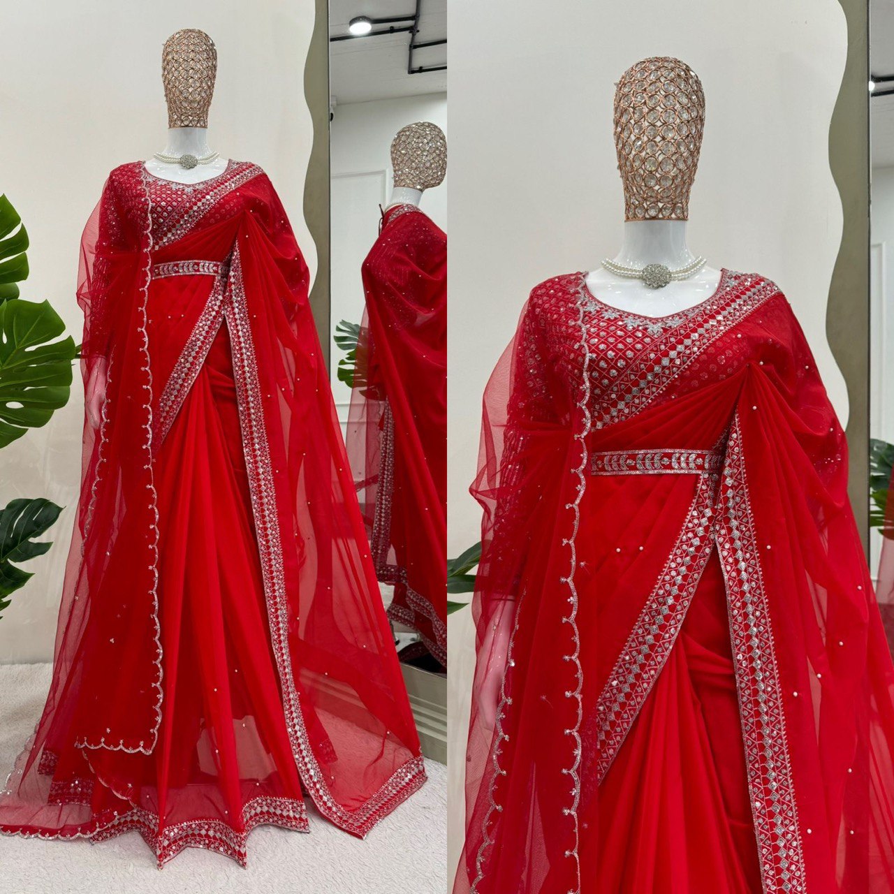 Fall in love with this stunning saree in an eye-catching shade, crafted with finesse and rich detailing. A perfect blend of grace and glam For *Karwa Chauth single available wholesale