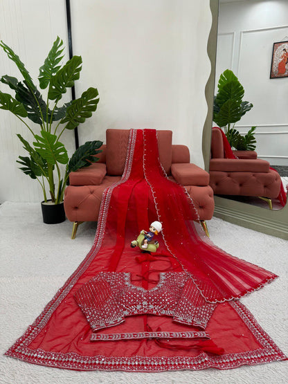 Fall in love with this stunning saree in an eye-catching shade, crafted with finesse and rich detailing. A perfect blend of grace and glam For *Karwa Chauth