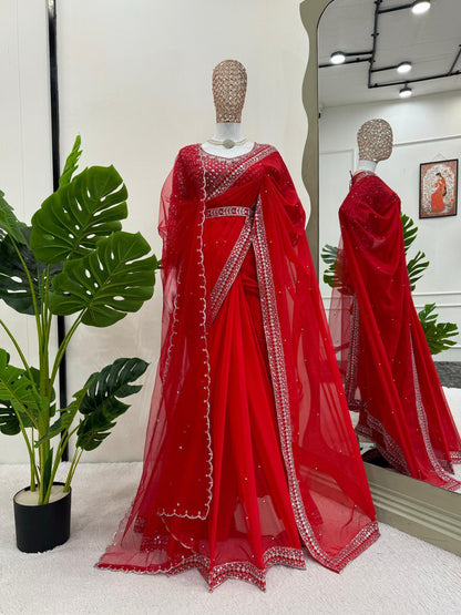 Fall in love with this stunning saree in an eye-catching shade, crafted with finesse and rich detailing. A perfect blend of grace and glam For *Karwa Chauth