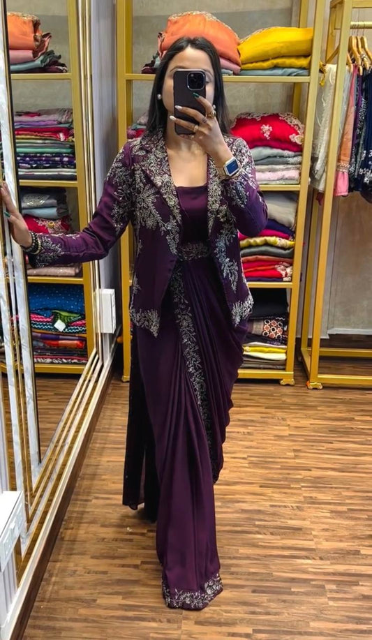 SUPERHIT TRENDING INDO-WESTERN READY TO WEAR SAREE WITH FULLY EMBROIDERED KOTI ON  CHINON