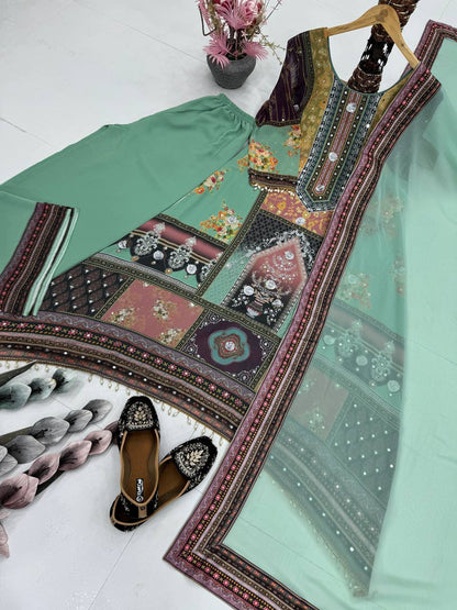 DESIGNER HEAVY FUAX GEORGETTE DIGITAL PRINT HAND WORK FANCY SALWAR SUIT
