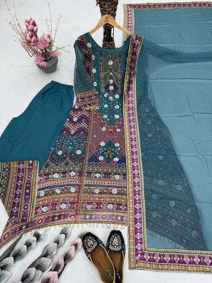 DESIGNER HEAVY FUAX GEORGETTE DIGITAL PRINT HAND WORK FANCY SALWAR SUIT