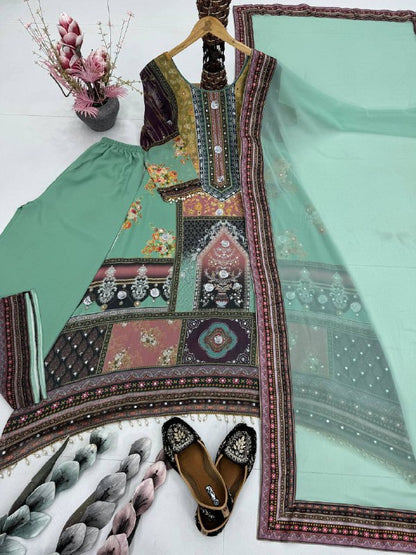 DESIGNER HEAVY FUAX GEORGETTE DIGITAL PRINT HAND WORK FANCY SALWAR SUIT