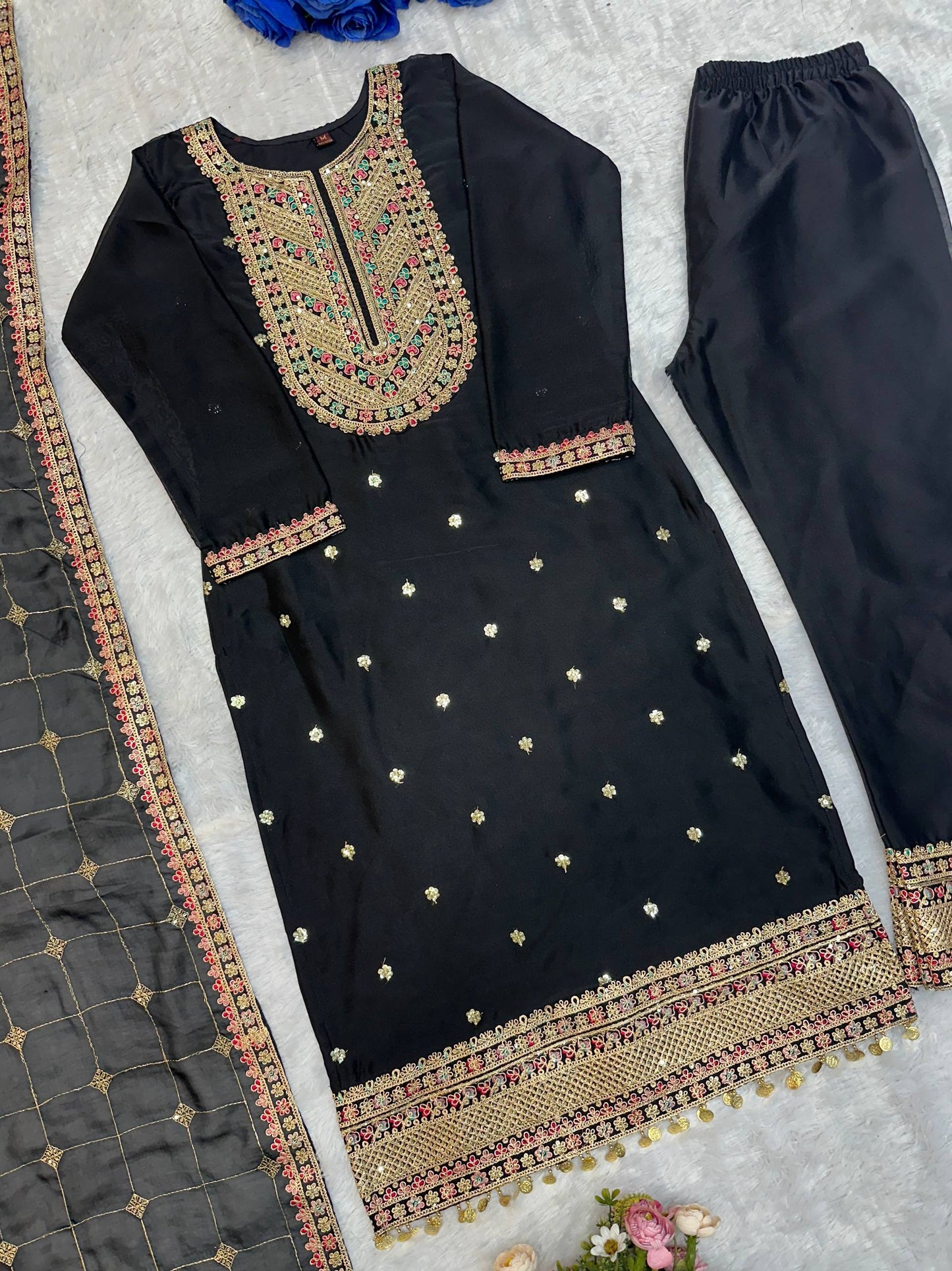 ĐĚSIGNER PARTY WEAR TOP AND PANT WITH FANCY DUPPATA AND EMBROIDERY WORK single available wholesale