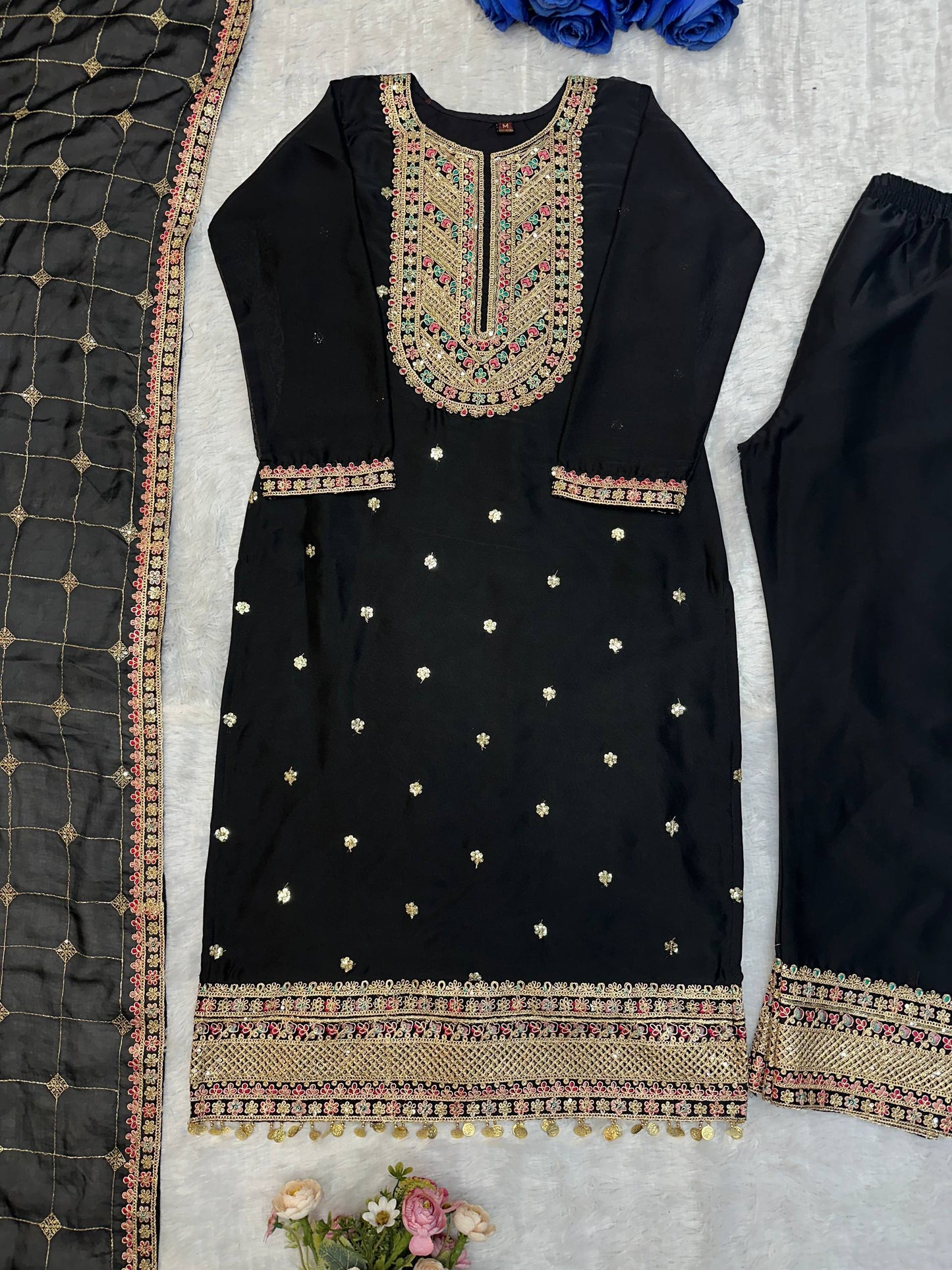 ĐĚSIGNER PARTY WEAR TOP AND PANT WITH FANCY DUPPATA AND EMBROIDERY WORK single available wholesale