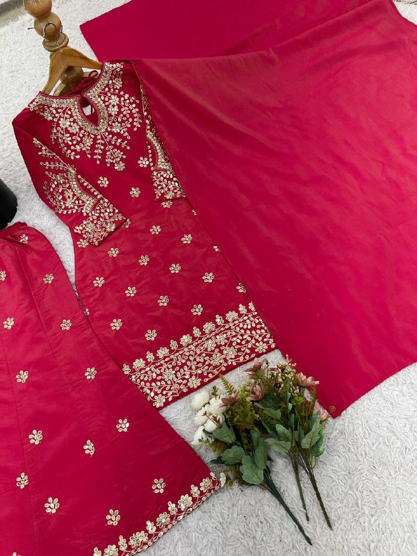 Designer Collection In simar silk With Embroidery Work Top-Bottom And Dupatta Set Fully Stitched Ready To Wear