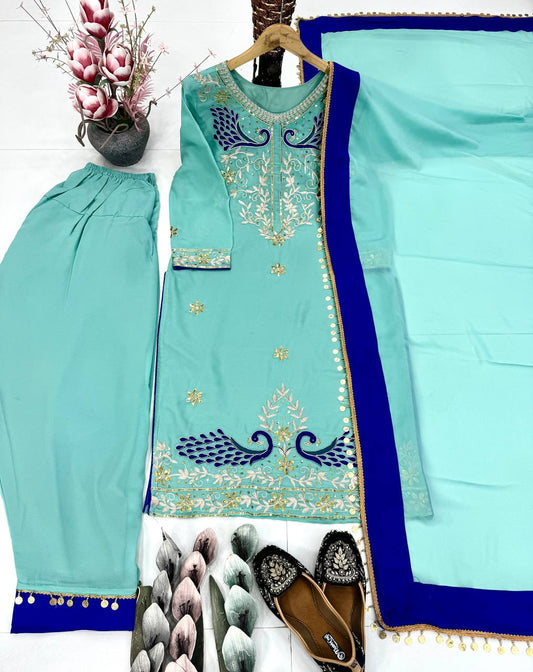 FUAX  GEORGETTE  EMBROIDERED CODING SEQUENCE WORK WITH FANCY TOP-PLAZZO DUPATTA SET