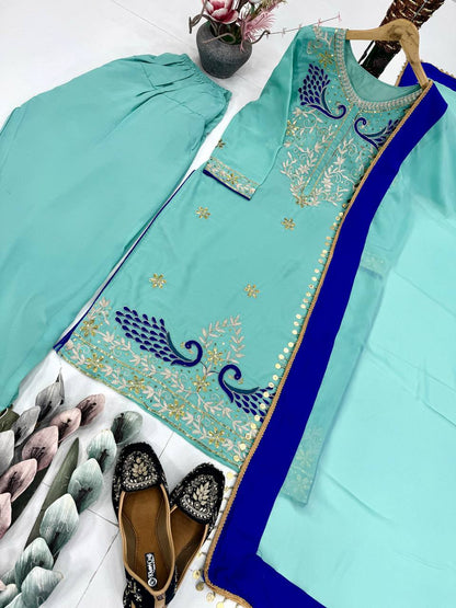 FUAX  GEORGETTE  EMBROIDERED CODING SEQUENCE WORK WITH FANCY TOP-PLAZZO DUPATTA SET