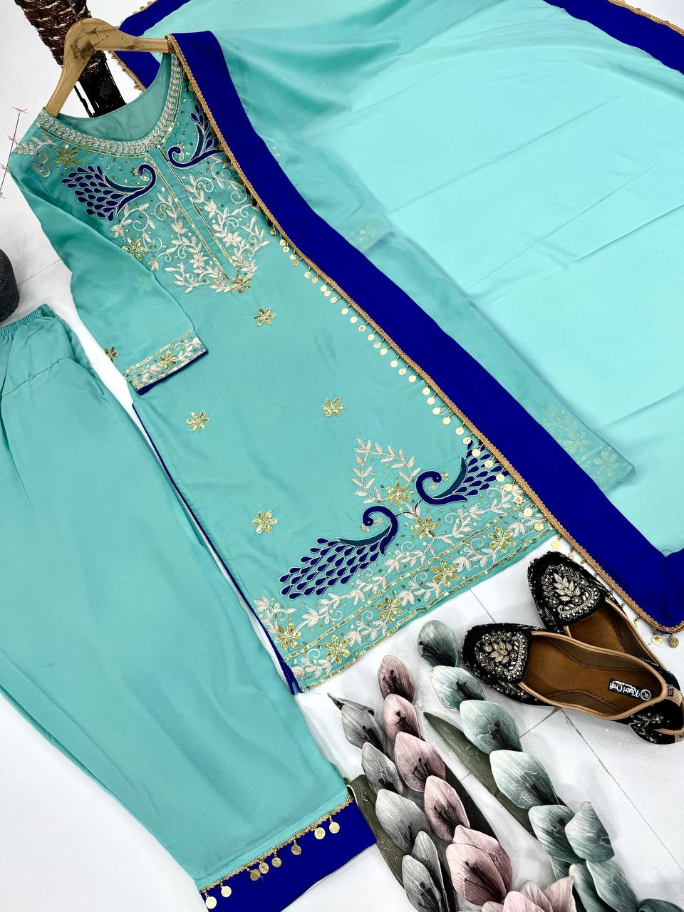 FUAX  GEORGETTE  EMBROIDERED CODING SEQUENCE WORK WITH FANCY TOP-PLAZZO DUPATTA SET