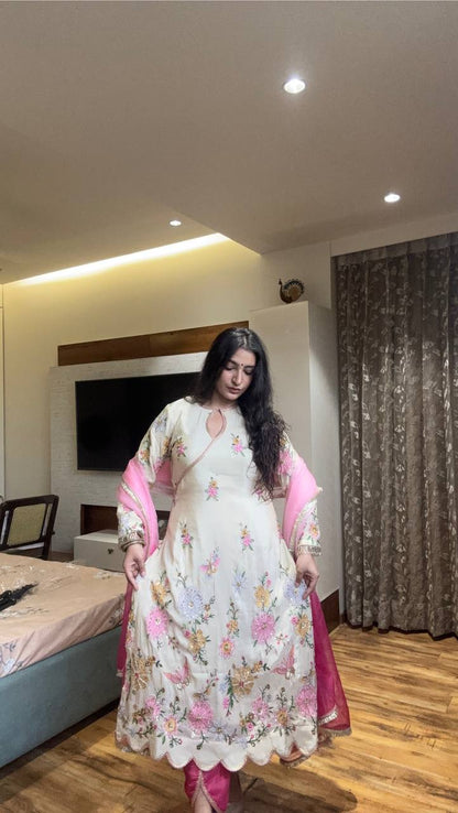 DESIGNER WEAR EMBROIDERED BOAT NECK TOP WITH TULIP SALWAAR PAIR