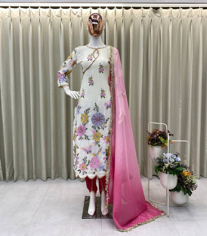 DESIGNER WEAR EMBROIDERED BOAT NECK TOP WITH TULIP SALWAAR PAIR