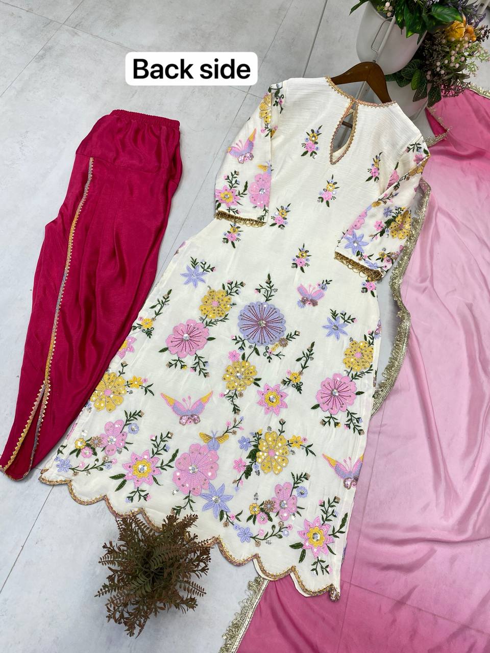 DESIGNER WEAR EMBROIDERED BOAT NECK TOP WITH TULIP SALWAAR PAIR