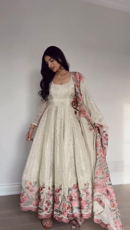 chinon silk gown  thread with Sequnce with mukesh work
