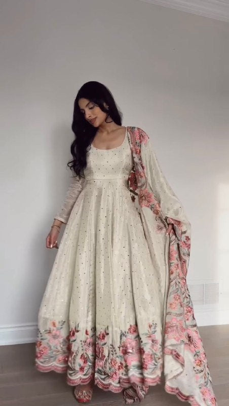chinon silk gown  thread with Sequnce with mukesh work