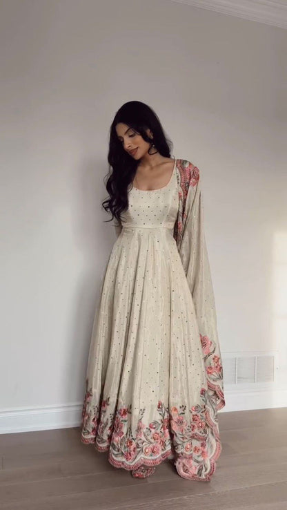 chinon silk gown  thread with Sequnce with mukesh work