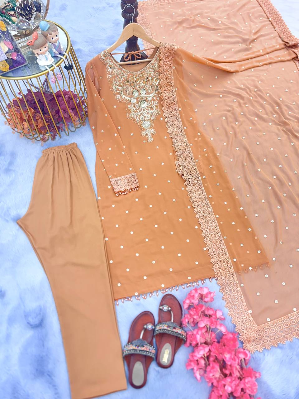 WEDDING Wear Look Heavy Faux Georgette Top Bottom & Dupatta Set