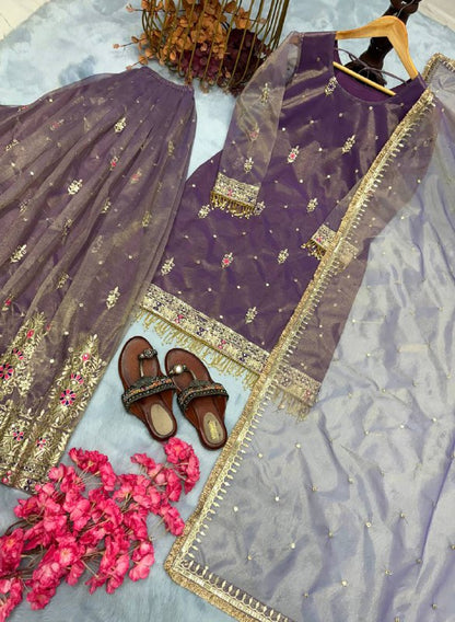 Đěsigner Party Wear Look Pur Twil Gold Net Top Plazzo & Dupatta Set