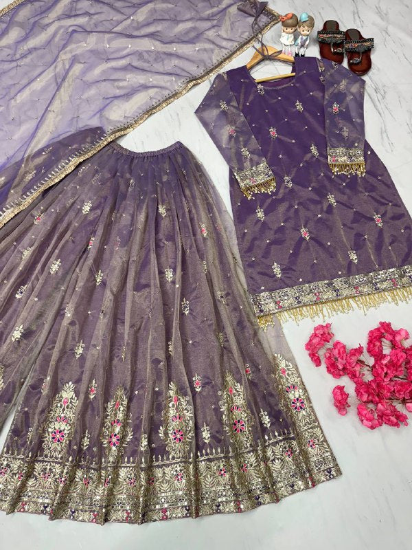 Đěsigner Party Wear Look Pur Twil Gold Net Top Plazzo & Dupatta Set