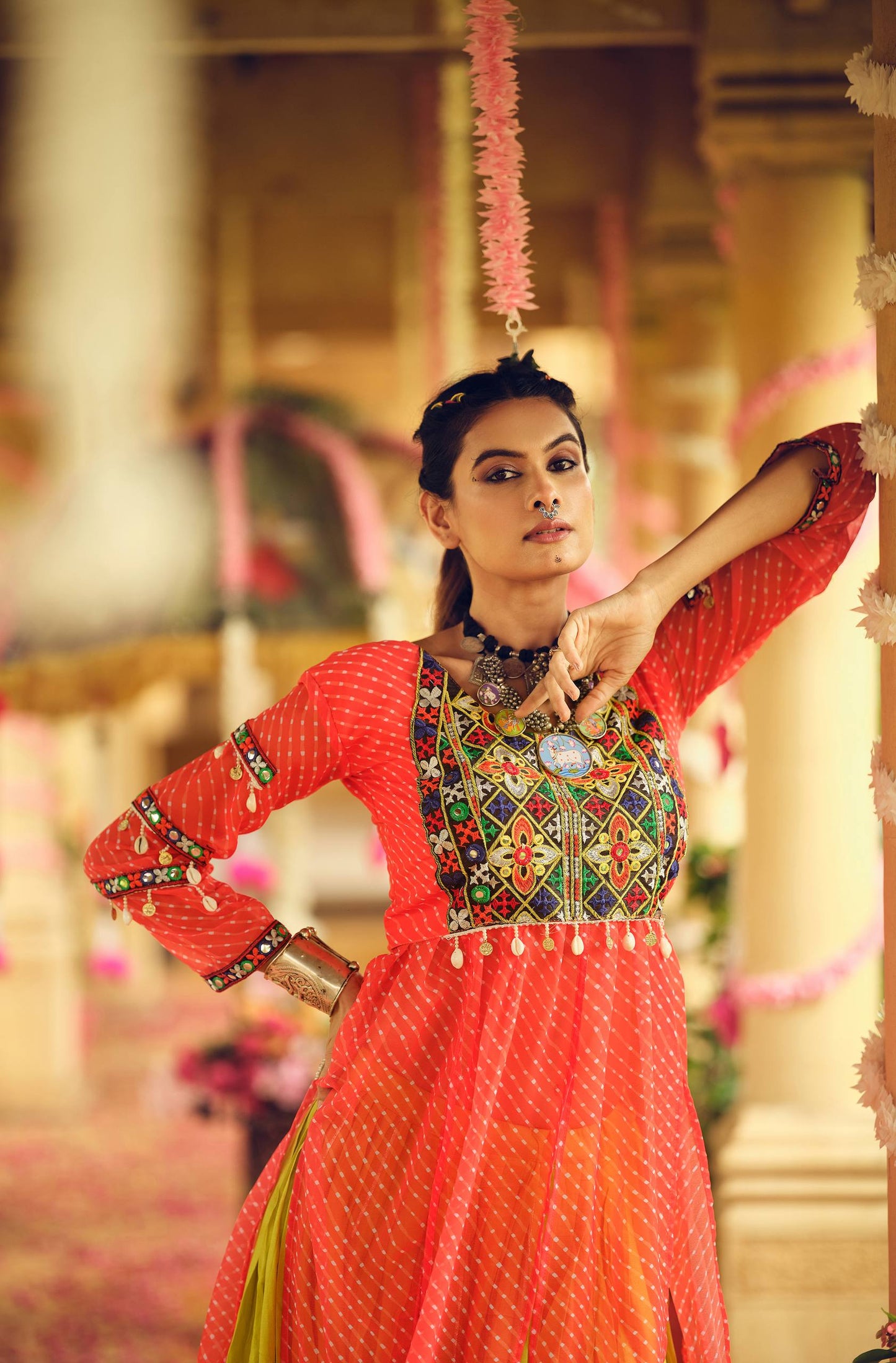 FAUX GEORGETTE FABRIC WITH EMBROIDERY NACK & MIRROR WORK, FULLY STITCHED LEHENGA & BLOUSE