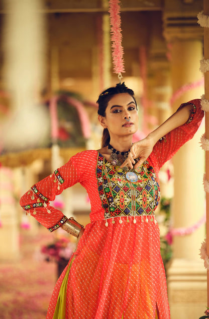 FAUX GEORGETTE FABRIC WITH EMBROIDERY NACK & MIRROR WORK, FULLY STITCHED LEHENGA & BLOUSE