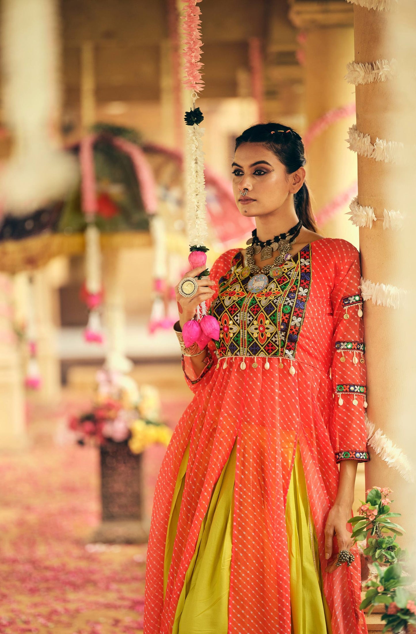 FAUX GEORGETTE FABRIC WITH EMBROIDERY NACK & MIRROR WORK, FULLY STITCHED LEHENGA & BLOUSE