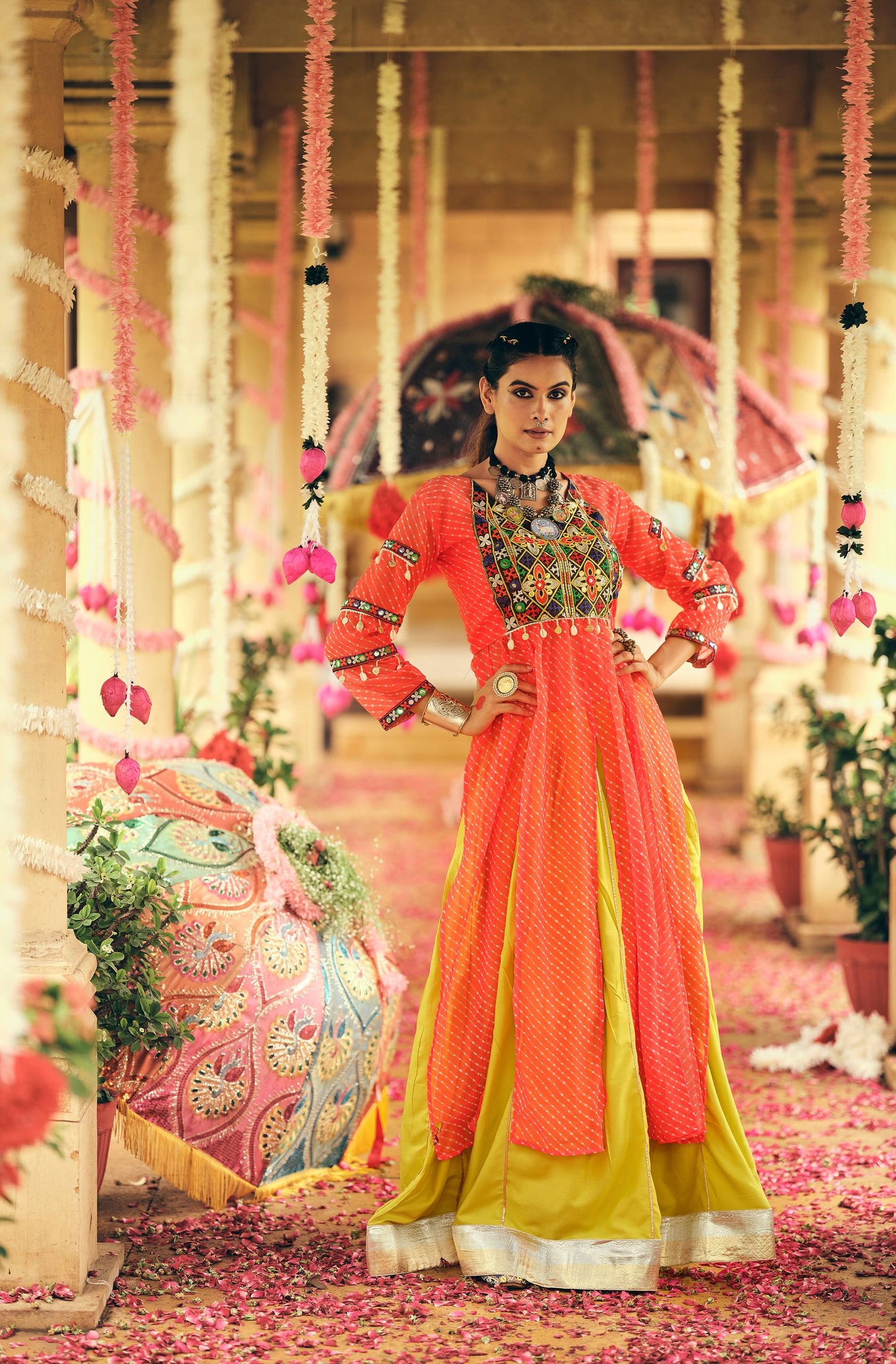 FAUX GEORGETTE FABRIC WITH EMBROIDERY NACK & MIRROR WORK, FULLY STITCHED LEHENGA & BLOUSE