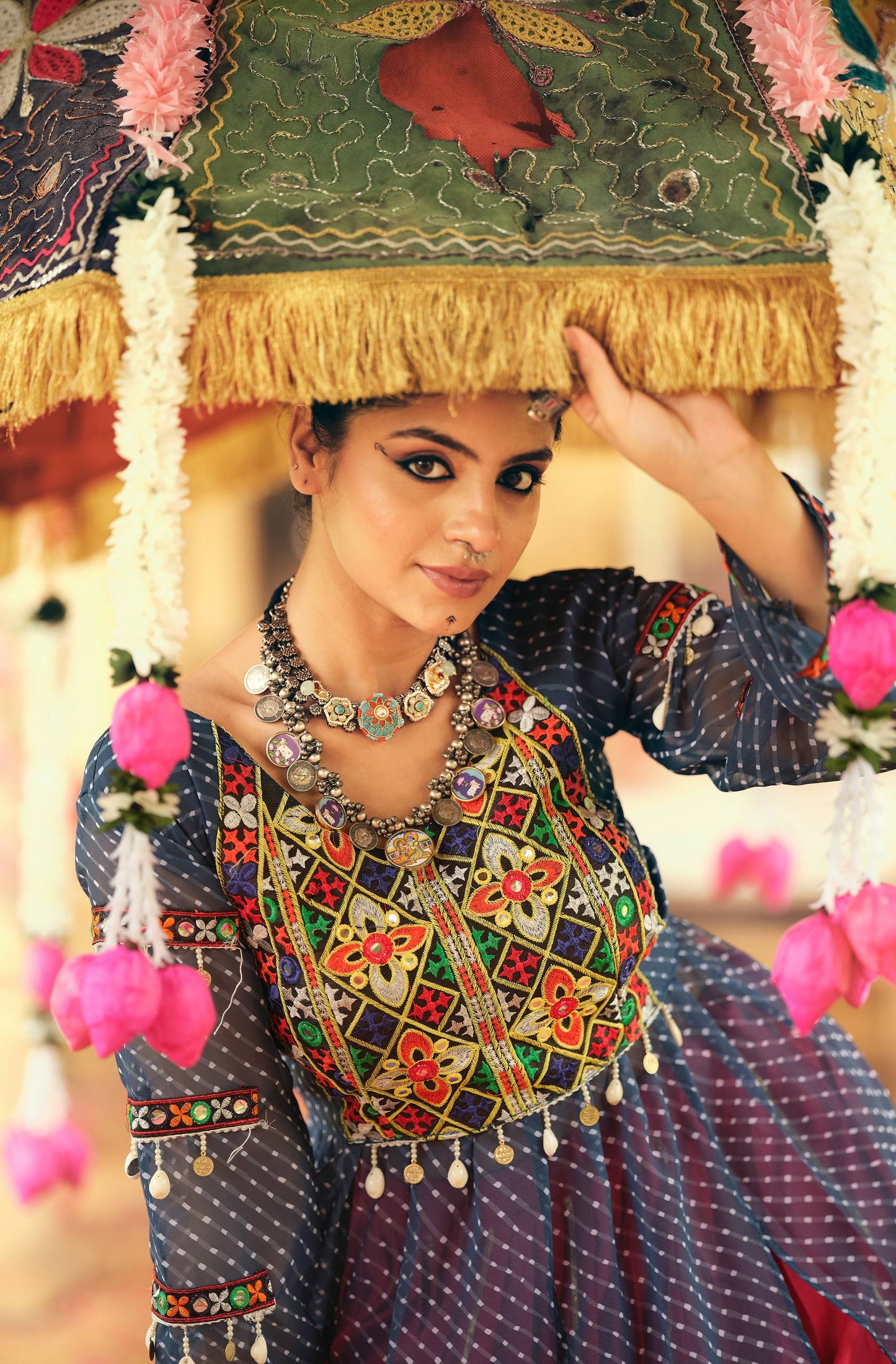 FAUX GEORGETTE FABRIC WITH EMBROIDERY NACK & MIRROR WORK, FULLY STITCHED LEHENGA & BLOUSE