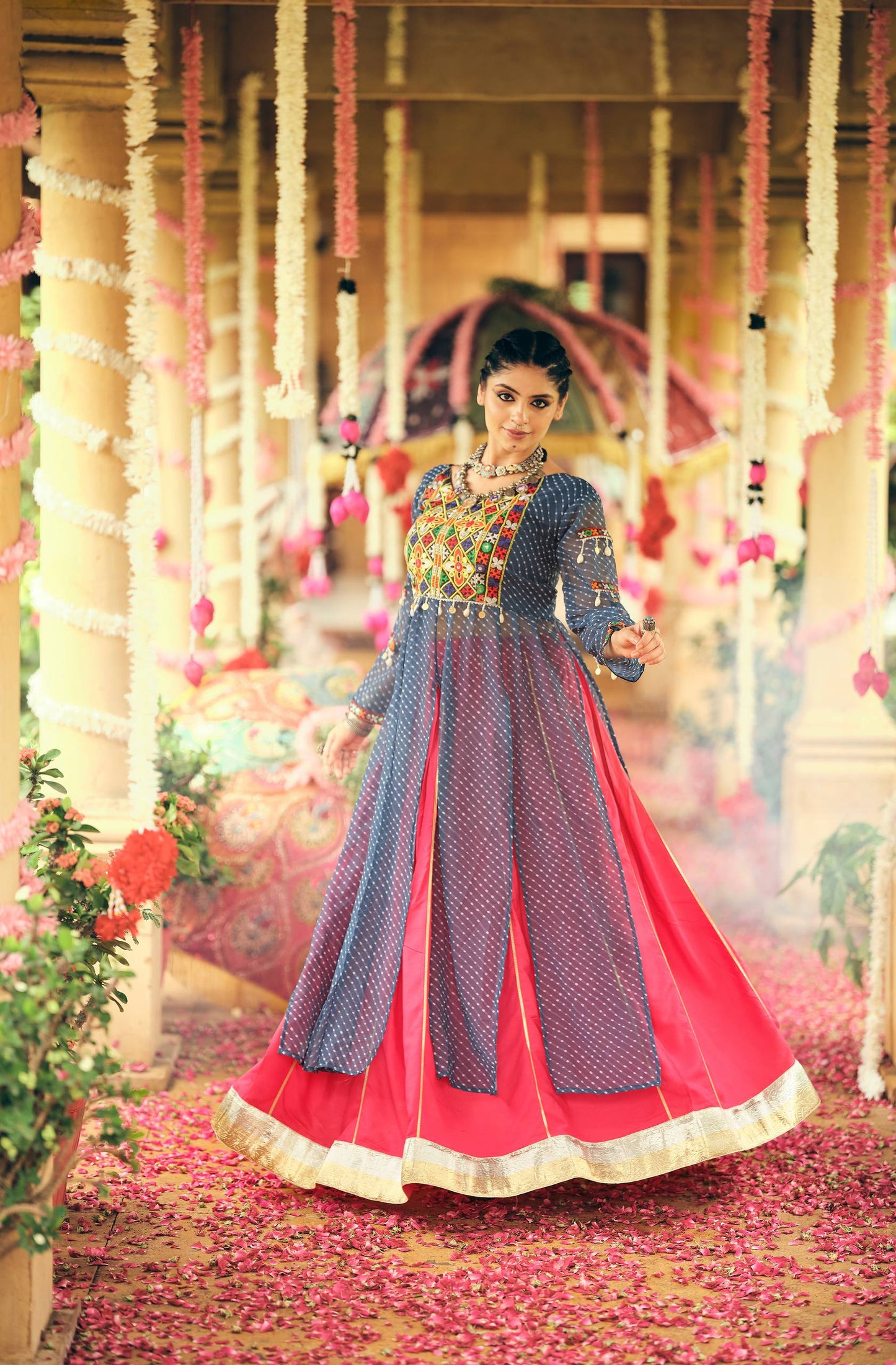 FAUX GEORGETTE FABRIC WITH EMBROIDERY NACK & MIRROR WORK, FULLY STITCHED LEHENGA & BLOUSE