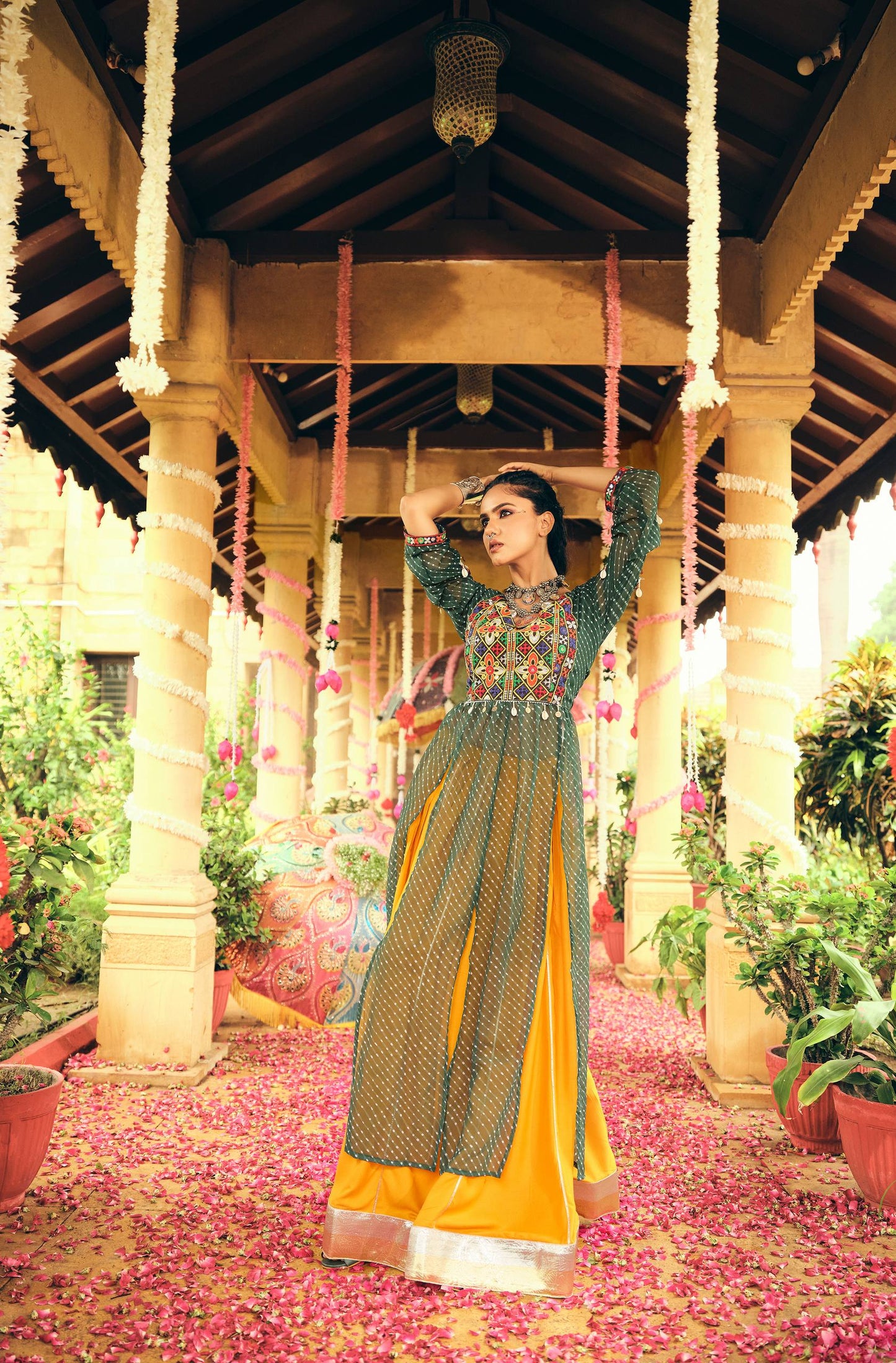 FAUX GEORGETTE FABRIC WITH EMBROIDERY NACK & MIRROR WORK, FULLY STITCHED LEHENGA & BLOUSE