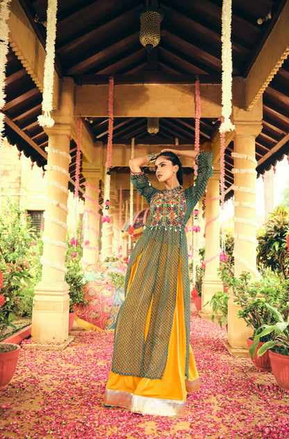 FAUX GEORGETTE FABRIC WITH EMBROIDERY NACK & MIRROR WORK, FULLY STITCHED LEHENGA & BLOUSE