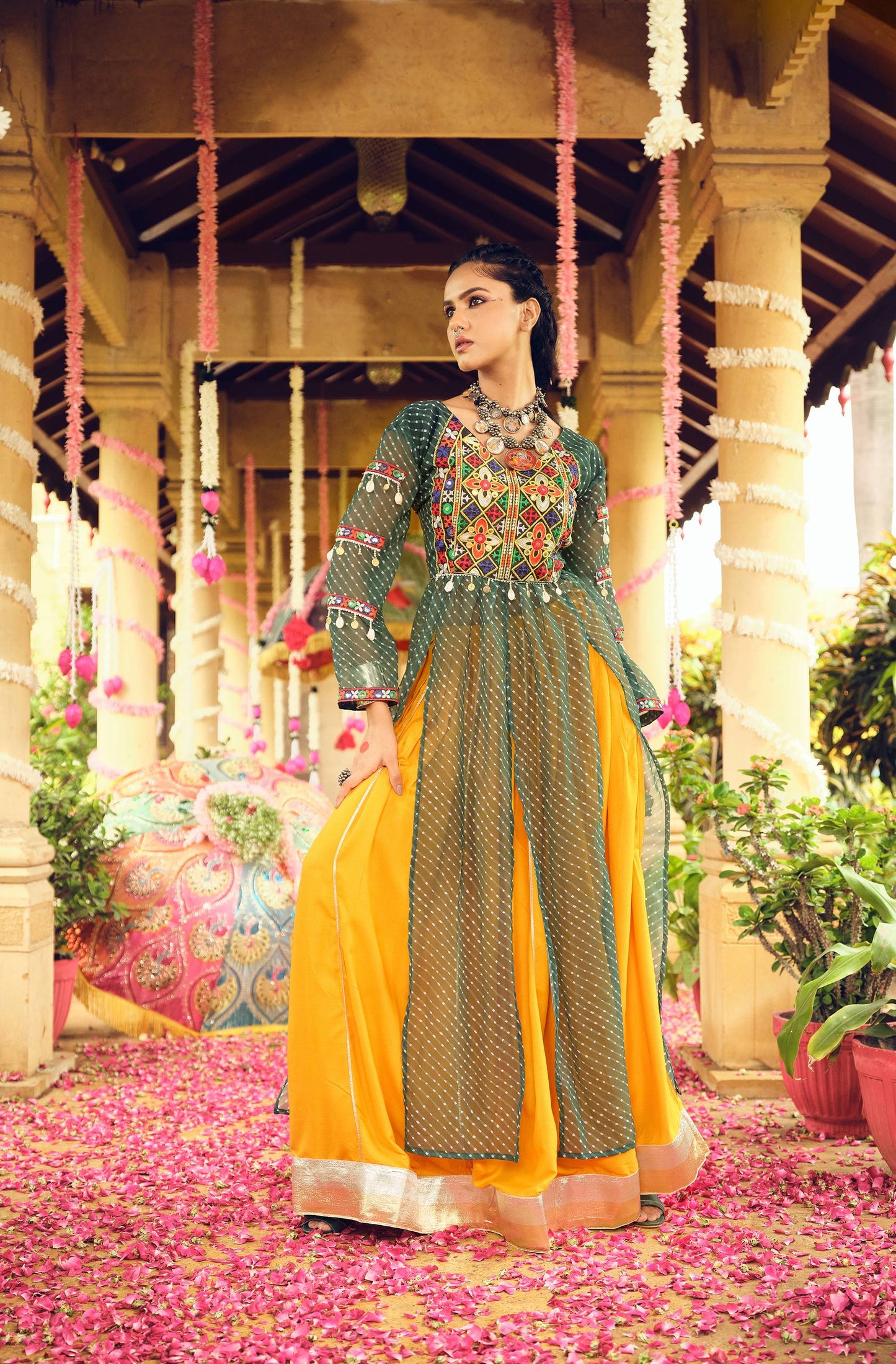 FAUX GEORGETTE FABRIC WITH EMBROIDERY NACK & MIRROR WORK, FULLY STITCHED LEHENGA & BLOUSE