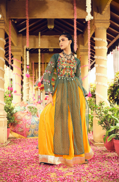 FAUX GEORGETTE FABRIC WITH EMBROIDERY NACK & MIRROR WORK, FULLY STITCHED LEHENGA & BLOUSE