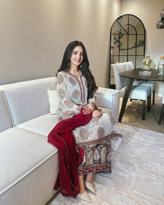 Đěsigner Party Wear Look heavy Faux georgette Top Plazzo & Dupatta Set
