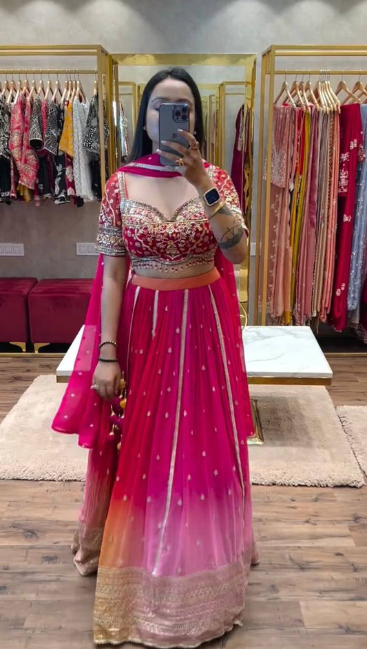 TRENDING PADDING CHINON WITH HEAVY SEQUINS EMBROIDERY WORK, FULL FLAIR STITCHED LEHENGA WITH EXCLUSIVE STITCHED BLOUSE & DUPATTA