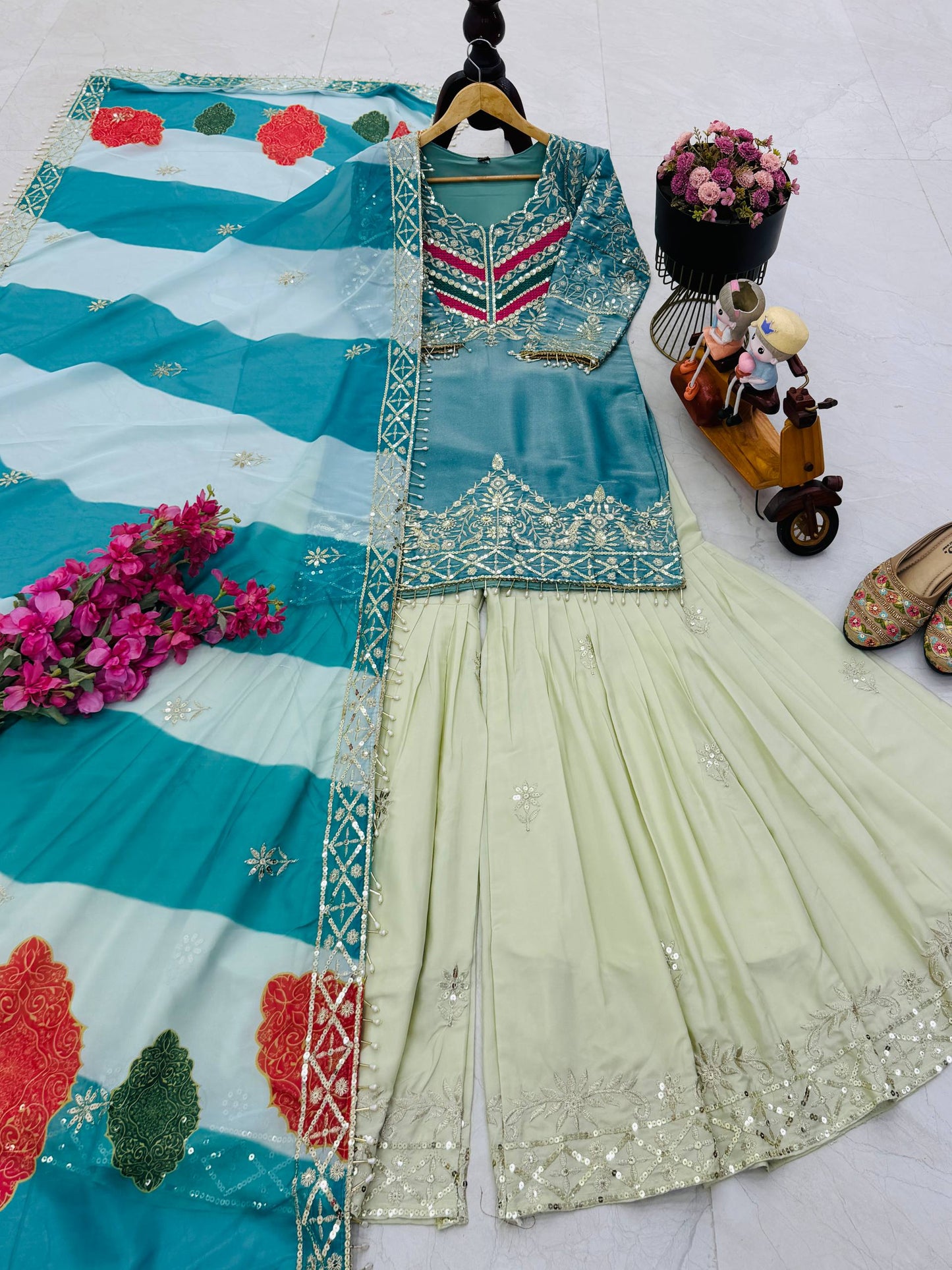 Designer Embroidered Top Plazzo Dupatta Set Collection