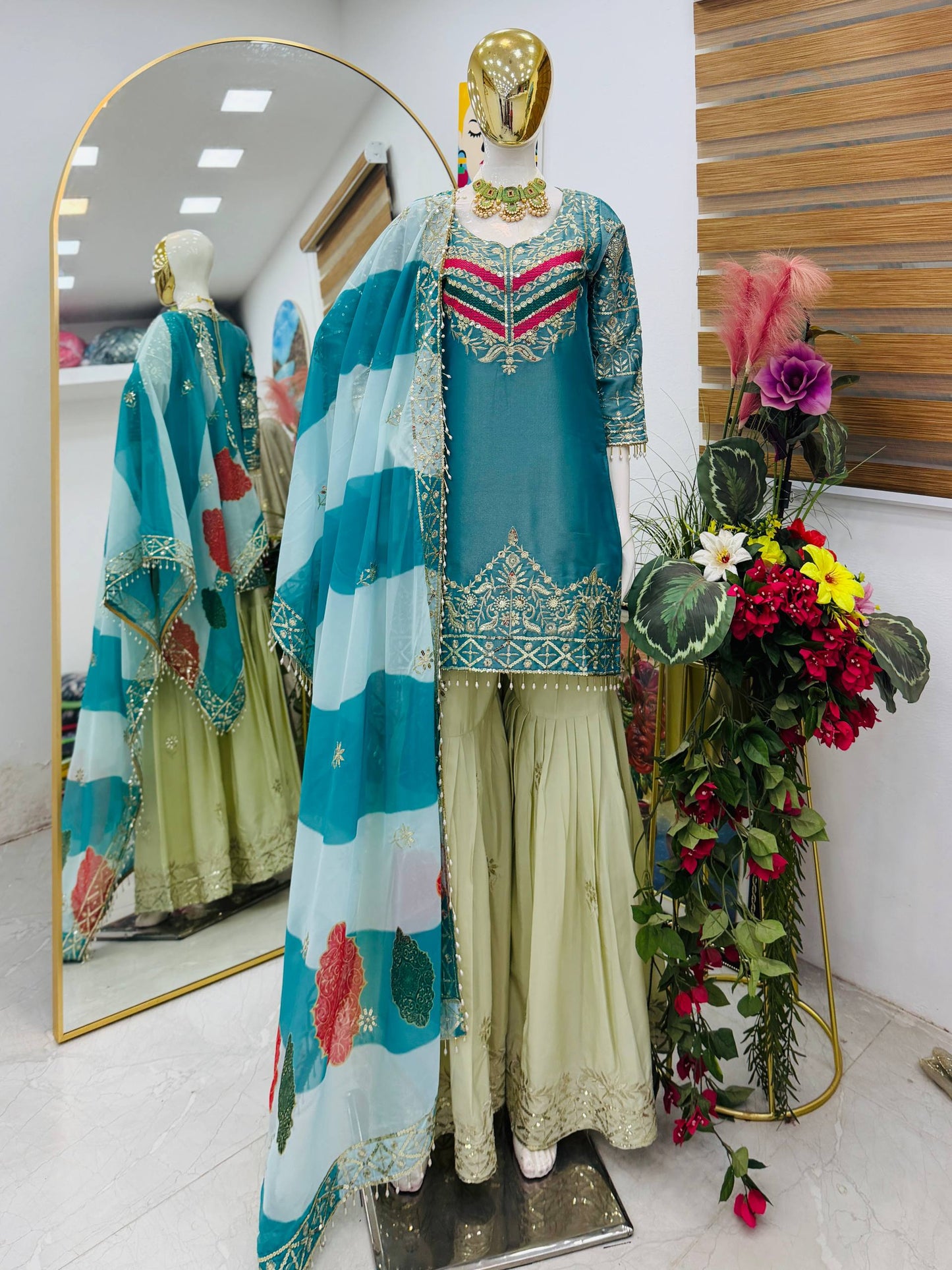 Designer Embroidered Top Plazzo Dupatta Set Collection