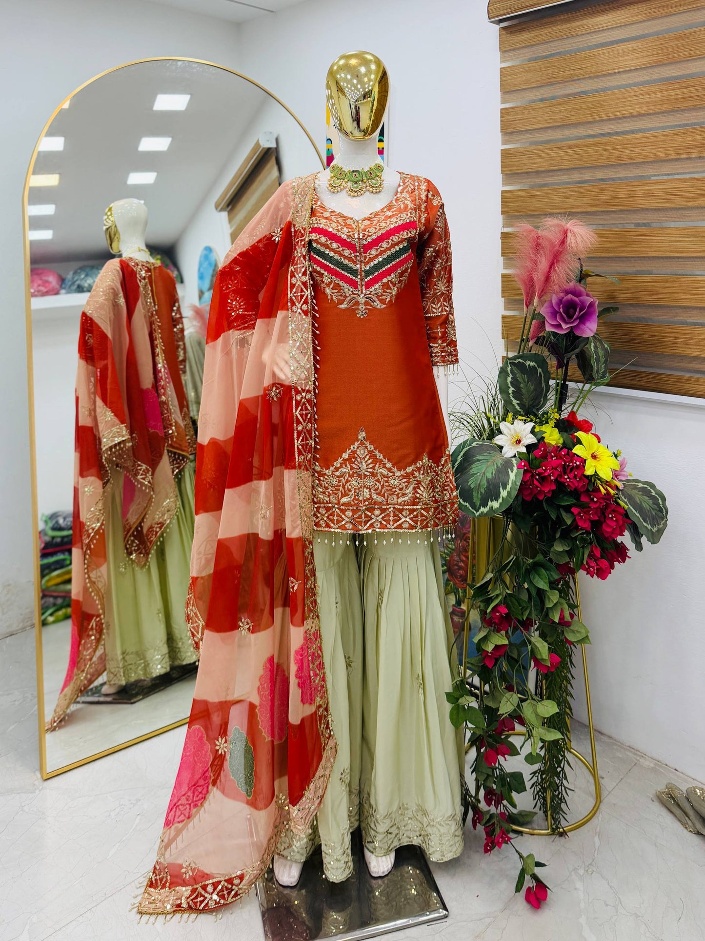 Designer Embroidered Top Plazzo Dupatta Set Collection
