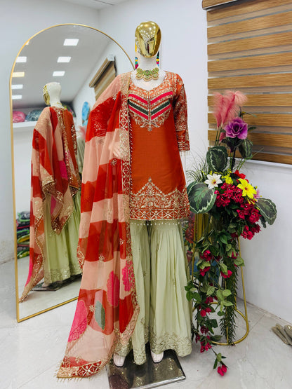 Designer Embroidered Top Plazzo Dupatta Set Collection