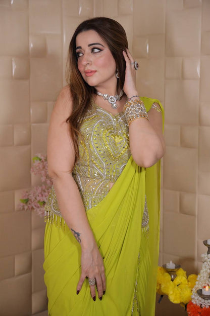 READY TO WEAR LEHENGA SAREE WITH SLEEVLESS  BLOUSE WITH BACK PATTERN AND SEQUENCE EMBROIDERY WORK