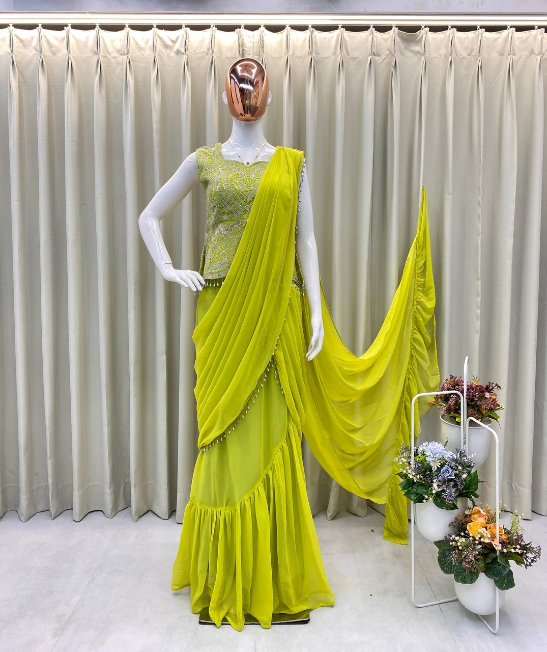 READY TO WEAR LEHENGA SAREE WITH SLEEVLESS  BLOUSE WITH BACK PATTERN AND SEQUENCE EMBROIDERY WORK