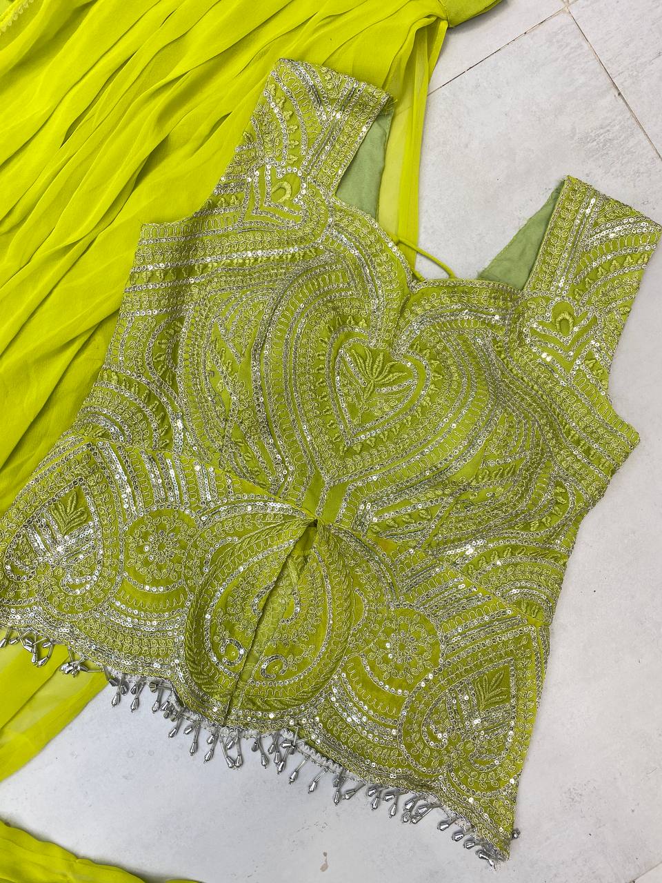 READY TO WEAR LEHENGA SAREE WITH SLEEVLESS  BLOUSE WITH BACK PATTERN AND SEQUENCE EMBROIDERY WORK