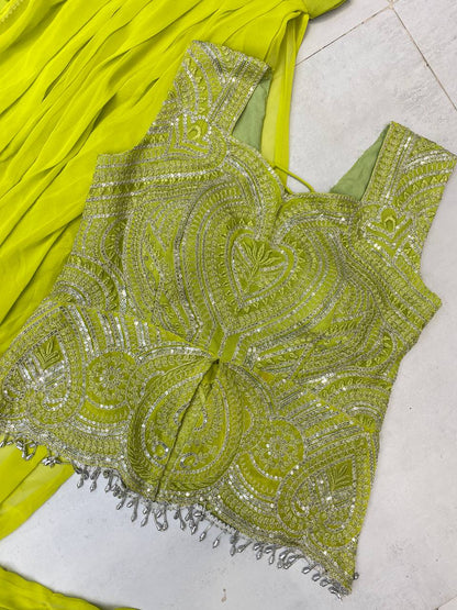 READY TO WEAR LEHENGA SAREE WITH SLEEVLESS  BLOUSE WITH BACK PATTERN AND SEQUENCE EMBROIDERY WORK