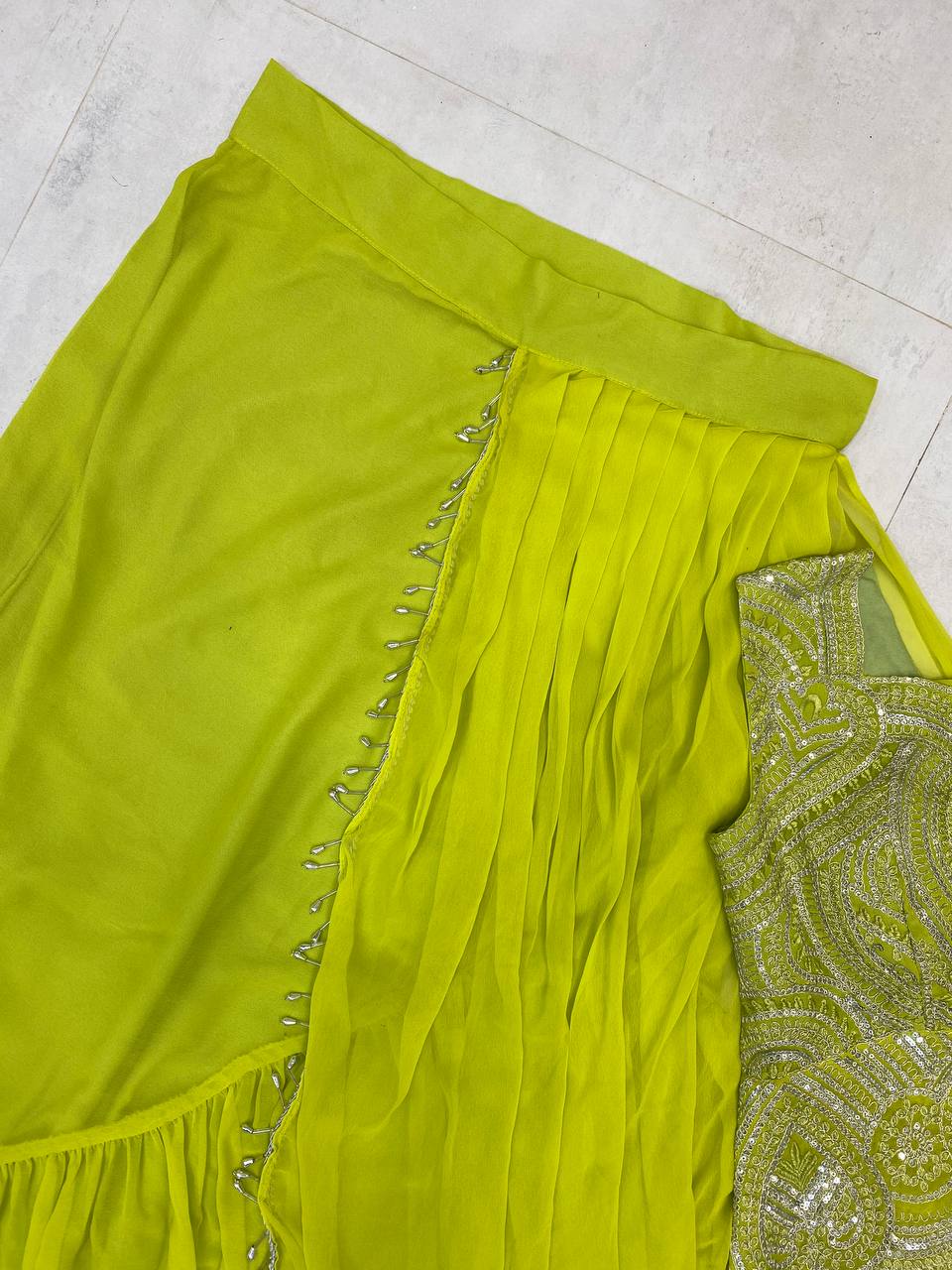 READY TO WEAR LEHENGA SAREE WITH SLEEVLESS  BLOUSE WITH BACK PATTERN AND SEQUENCE EMBROIDERY WORK